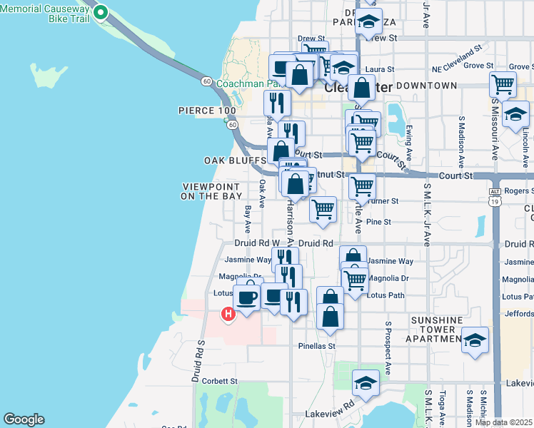 map of restaurants, bars, coffee shops, grocery stores, and more near 613 Oak Avenue in Clearwater