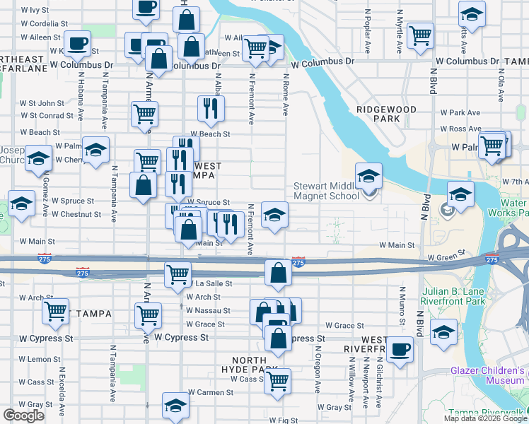 map of restaurants, bars, coffee shops, grocery stores, and more near 1716 West Chestnut Street in Tampa