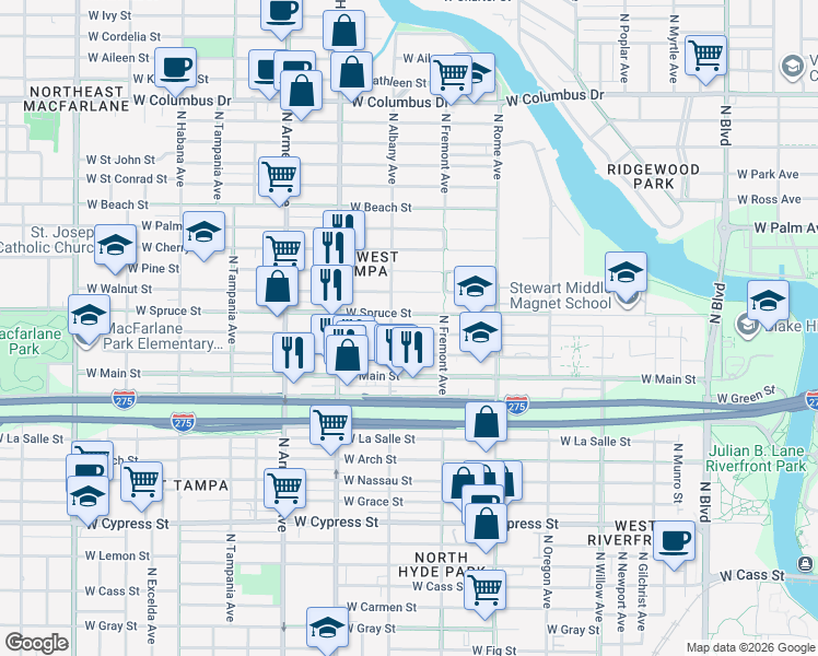 map of restaurants, bars, coffee shops, grocery stores, and more near 1942 West Chestnut Street in Tampa