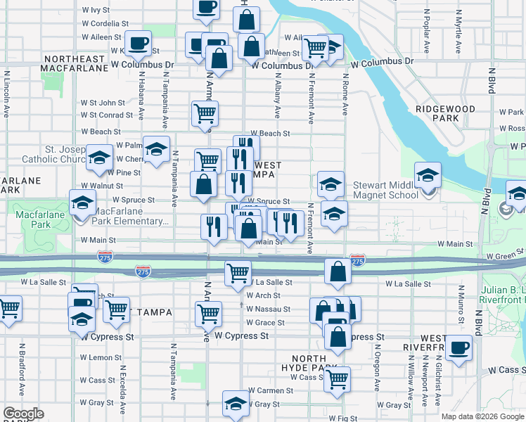 map of restaurants, bars, coffee shops, grocery stores, and more near 2126 West Chestnut Street in Tampa