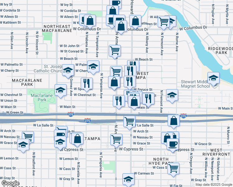 map of restaurants, bars, coffee shops, grocery stores, and more near 2406 West Chestnut Street in Tampa