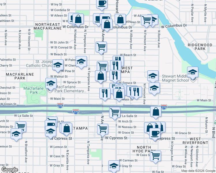 map of restaurants, bars, coffee shops, grocery stores, and more near 2316 West Chestnut Street in Tampa