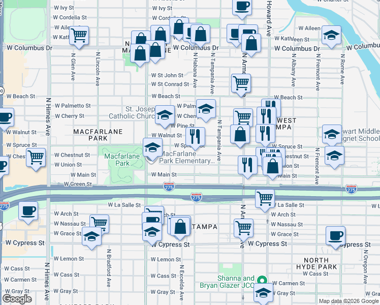 map of restaurants, bars, coffee shops, grocery stores, and more near 2906 West Chestnut Street in Tampa