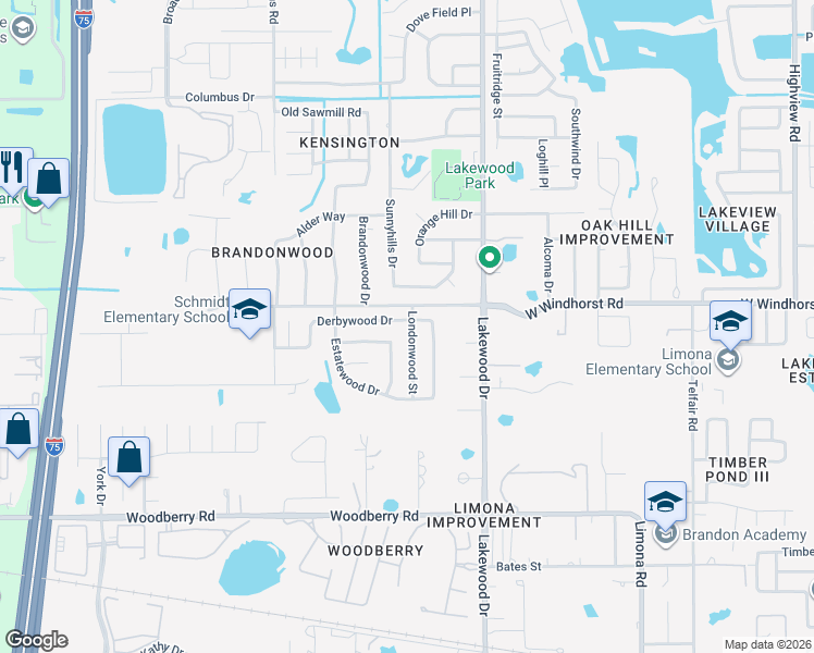 map of restaurants, bars, coffee shops, grocery stores, and more near 1201 Croydonwood Circle in Brandon