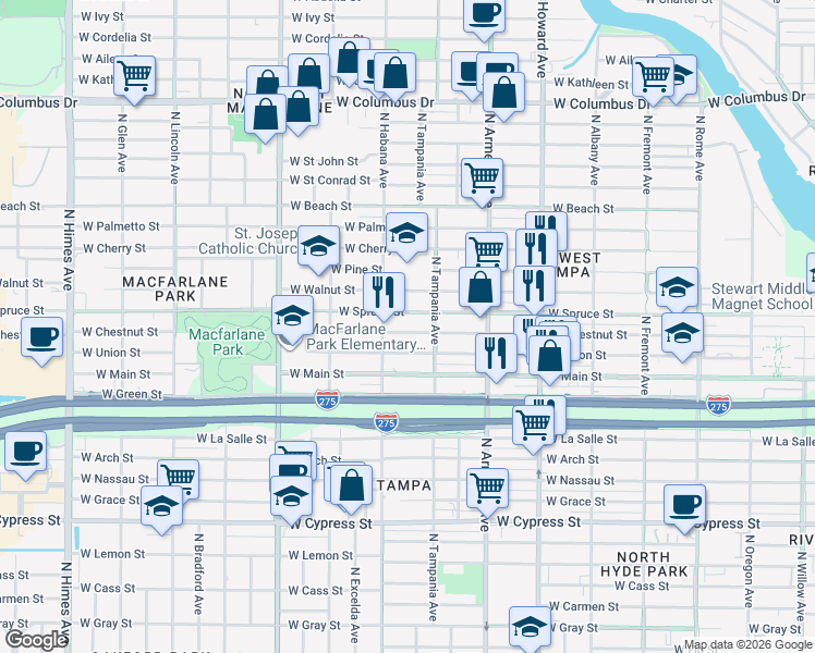 map of restaurants, bars, coffee shops, grocery stores, and more near 2722 West Chestnut Street in Tampa