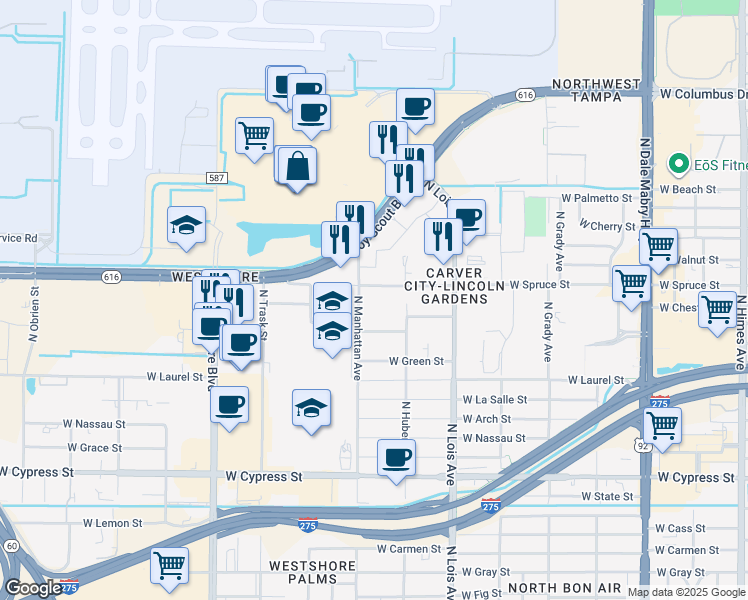 map of restaurants, bars, coffee shops, grocery stores, and more near 1805 North Manhattan Avenue in Tampa