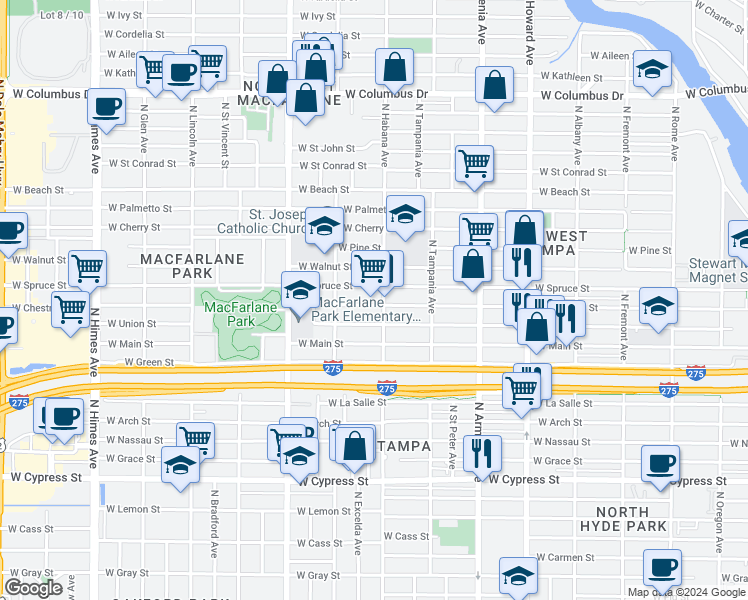 map of restaurants, bars, coffee shops, grocery stores, and more near 2906 West Chestnut Street in Tampa