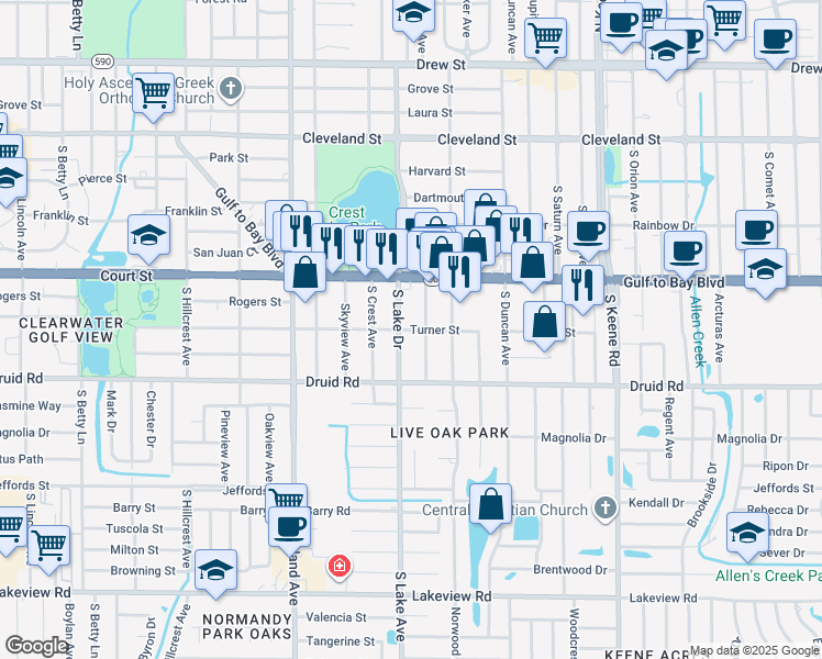map of restaurants, bars, coffee shops, grocery stores, and more near 608 Yelvington Avenue in Clearwater