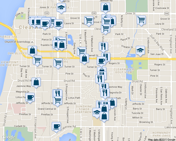 map of restaurants, bars, coffee shops, grocery stores, and more near 1110 North Pine Street in Clearwater