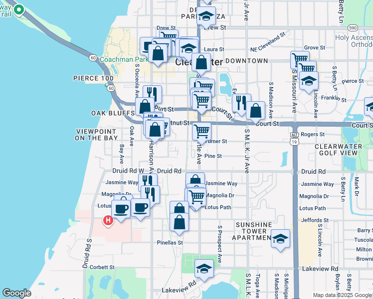 map of restaurants, bars, coffee shops, grocery stores, and more near Fred Marquis Pinellas Trail in Clearwater