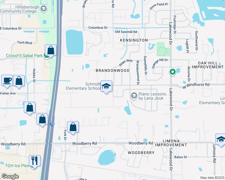 map of restaurants, bars, coffee shops, grocery stores, and more near 1250 Williams Road in Brandon