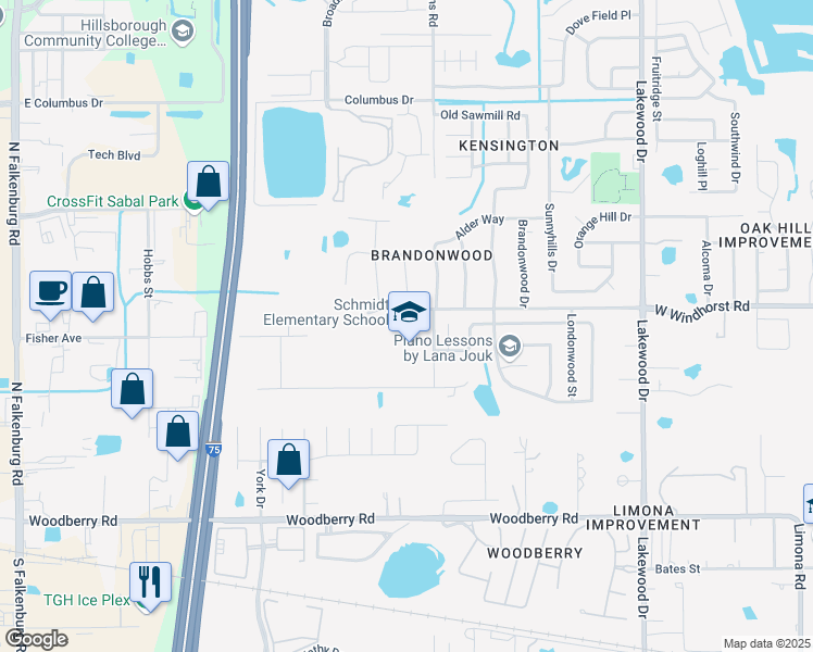 map of restaurants, bars, coffee shops, grocery stores, and more near 1250 Williams Road in Brandon