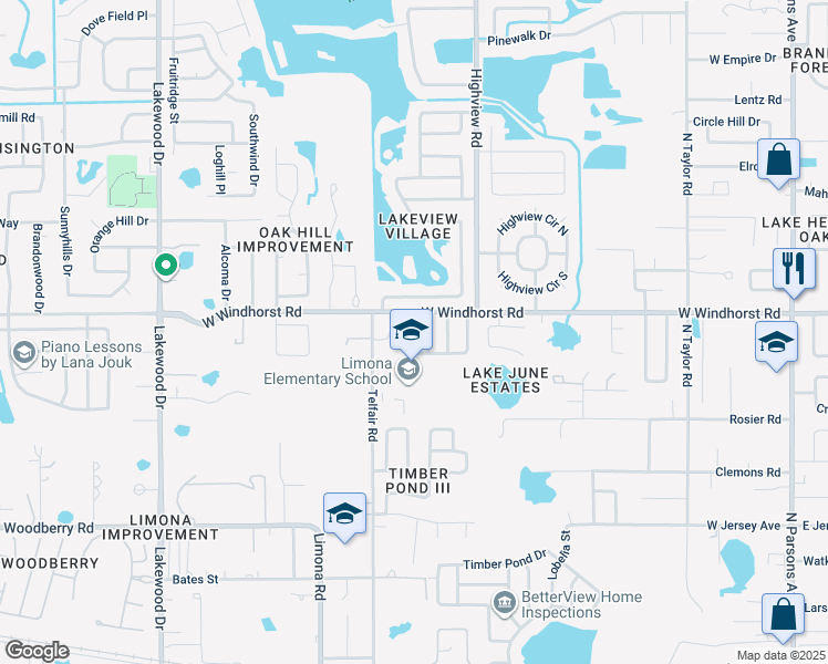 map of restaurants, bars, coffee shops, grocery stores, and more near 1218 Windsor Circle in Brandon