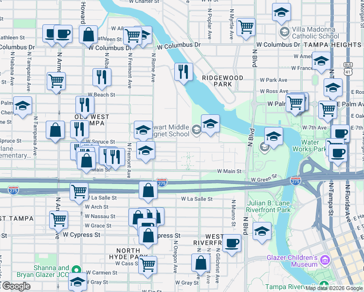 map of restaurants, bars, coffee shops, grocery stores, and more near 1821 North Oregon Avenue in Tampa