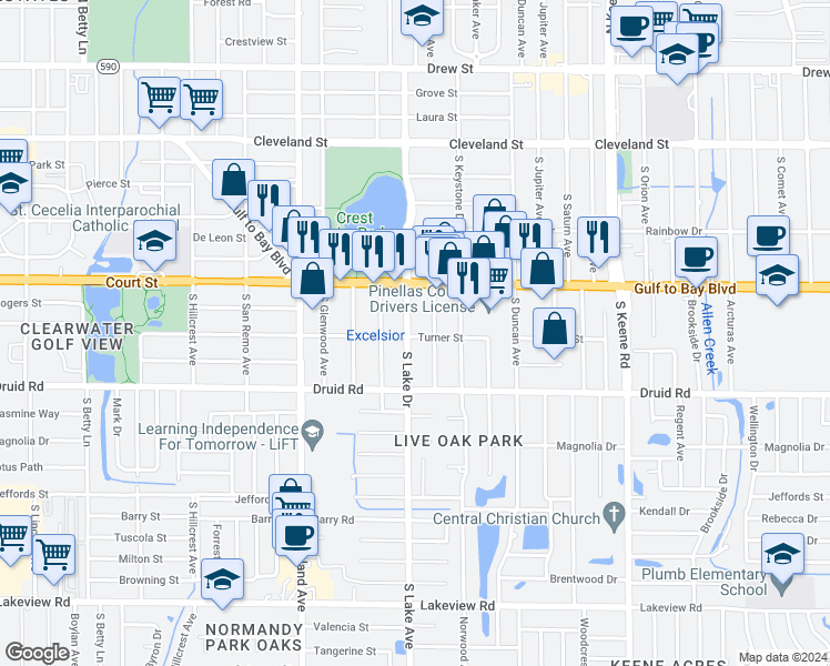 map of restaurants, bars, coffee shops, grocery stores, and more near 1567 Turner Street in Clearwater