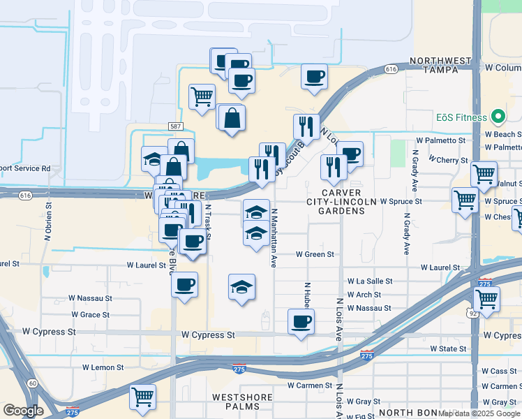 map of restaurants, bars, coffee shops, grocery stores, and more near 4400 West Spruce Street in Tampa