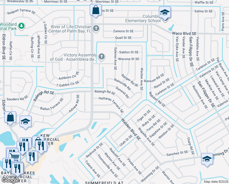 map of restaurants, bars, coffee shops, grocery stores, and more near 947 Raleigh Road Southeast in Palm Bay
