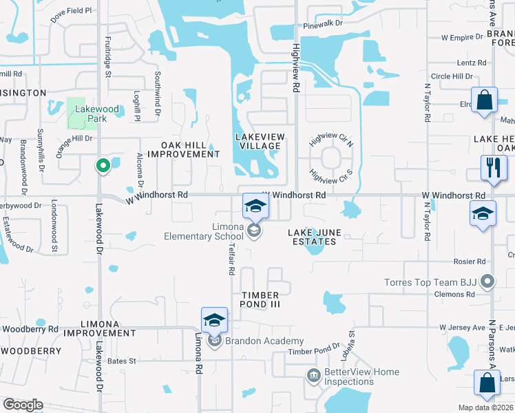 map of restaurants, bars, coffee shops, grocery stores, and more near 1218 Windsor Circle in Brandon