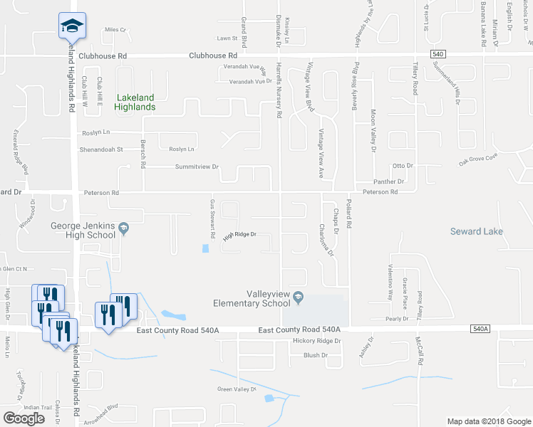 map of restaurants, bars, coffee shops, grocery stores, and more near 2750 Greyhawk Estates Lane in Lakeland