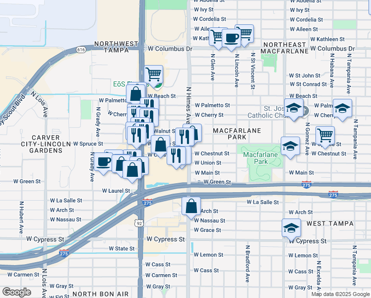 map of restaurants, bars, coffee shops, grocery stores, and more near 3614 West Chestnut Street in Tampa
