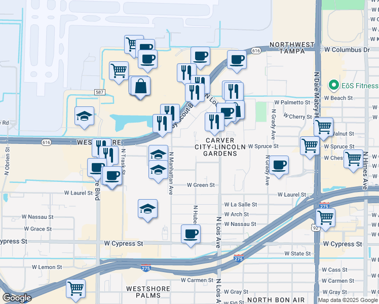 map of restaurants, bars, coffee shops, grocery stores, and more near 4310 West Spruce Street in Tampa