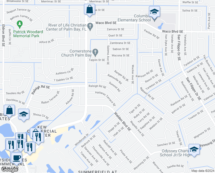 map of restaurants, bars, coffee shops, grocery stores, and more near 947 Raleigh Road Southeast in Palm Bay