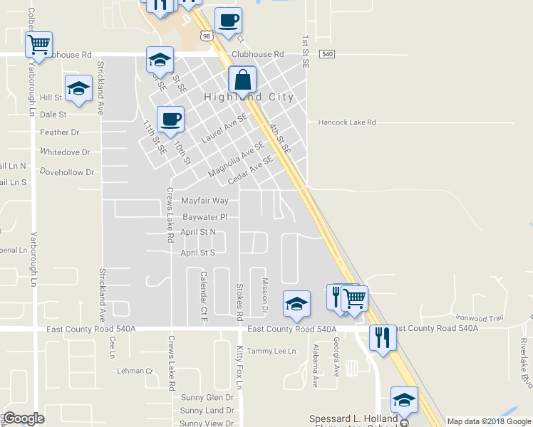 map of restaurants, bars, coffee shops, grocery stores, and more near 5846 Charlton Drive in Lakeland