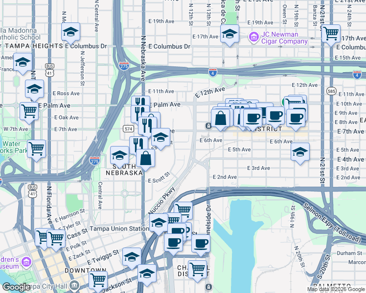 map of restaurants, bars, coffee shops, grocery stores, and more near 1620 Nuccio Parkway in Tampa