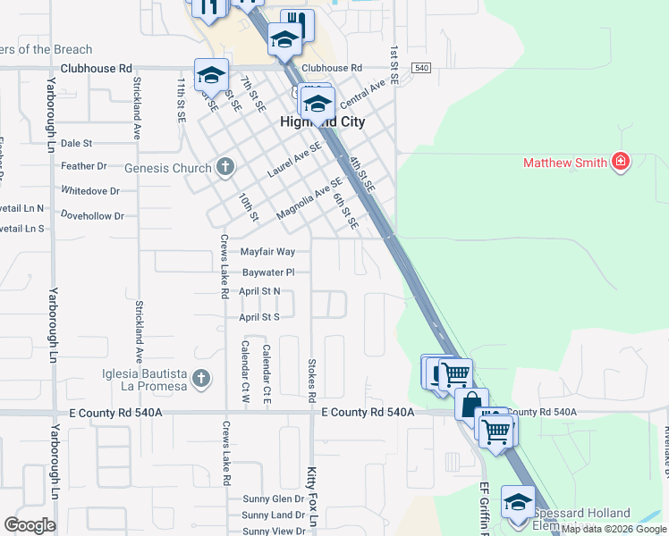 map of restaurants, bars, coffee shops, grocery stores, and more near 4316 Hedge Drive South in Lakeland