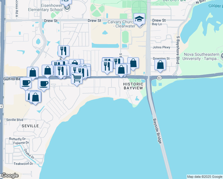 map of restaurants, bars, coffee shops, grocery stores, and more near Breakers on the Bay Rd in Clearwater