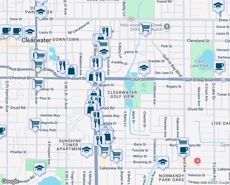 map of restaurants, bars, coffee shops, grocery stores, and more near 610 Sally Lane South in Clearwater