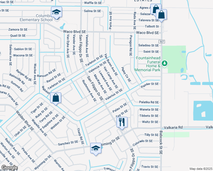 map of restaurants, bars, coffee shops, grocery stores, and more near 1526 Leeward Avenue Southeast in Palm Bay