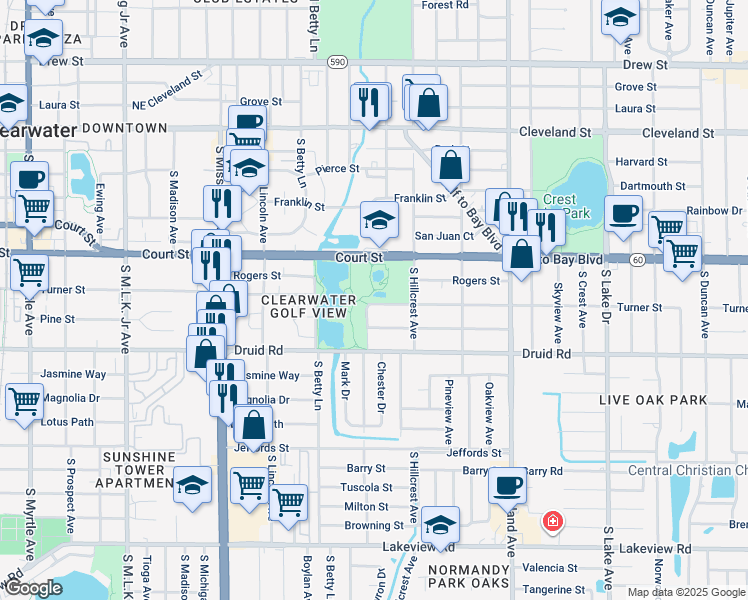 map of restaurants, bars, coffee shops, grocery stores, and more near 1345 Court Street in Clearwater
