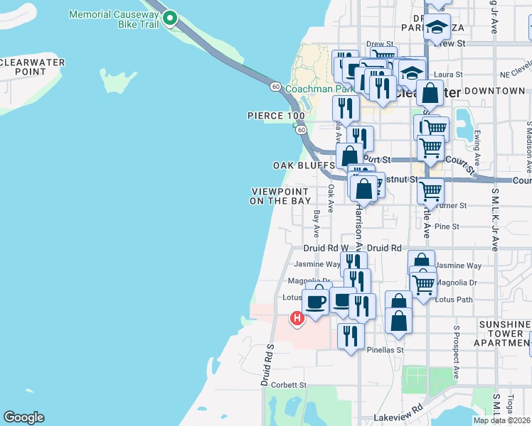 map of restaurants, bars, coffee shops, grocery stores, and more near 602 Lime Avenue in Clearwater