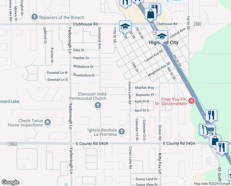 map of restaurants, bars, coffee shops, grocery stores, and more near 4048 Byrds Crossing Drive in Lakeland