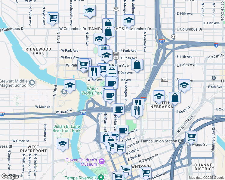 map of restaurants, bars, coffee shops, grocery stores, and more near 1502 Florida 685 in Tampa