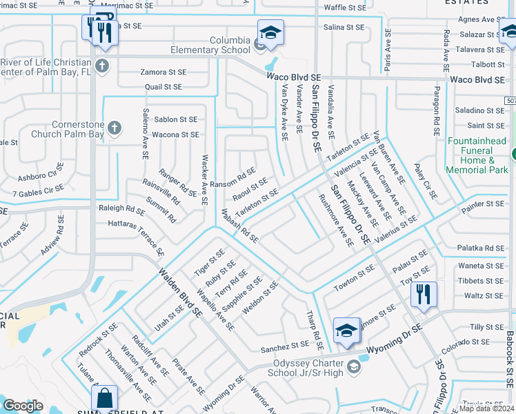 map of restaurants, bars, coffee shops, grocery stores, and more near 1131 Valencia Street Southeast in Palm Bay