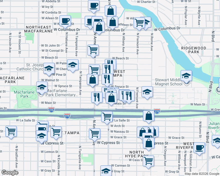 map of restaurants, bars, coffee shops, grocery stores, and more near 2126 West Chestnut Street in Tampa