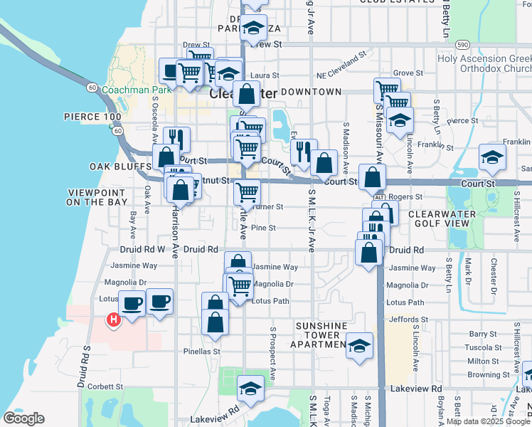 map of restaurants, bars, coffee shops, grocery stores, and more near 902 Pine Street in Clearwater