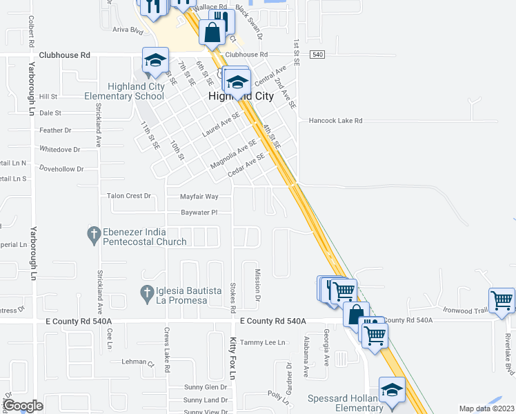 map of restaurants, bars, coffee shops, grocery stores, and more near 5840 Charlton Drive in Lakeland