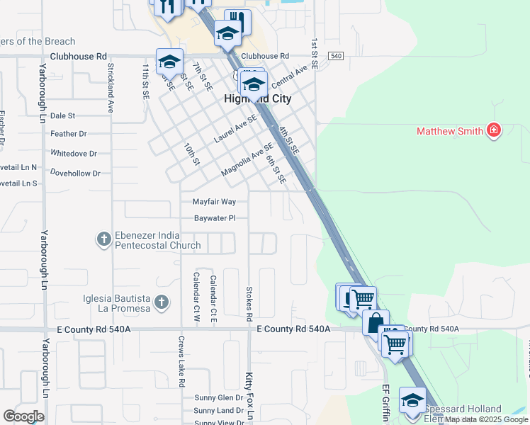 map of restaurants, bars, coffee shops, grocery stores, and more near 4316 Hedge Drive South in Lakeland