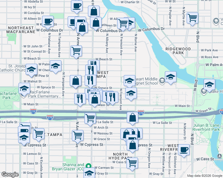 map of restaurants, bars, coffee shops, grocery stores, and more near 1942 West Chestnut Street in Tampa