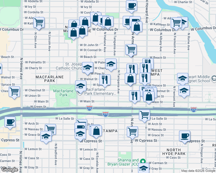 map of restaurants, bars, coffee shops, grocery stores, and more near 2722 West Chestnut Street in Tampa
