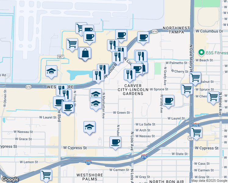 map of restaurants, bars, coffee shops, grocery stores, and more near 1706 North Hubert Avenue in Tampa