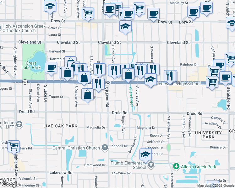 map of restaurants, bars, coffee shops, grocery stores, and more near 1830 Pine Street in Clearwater