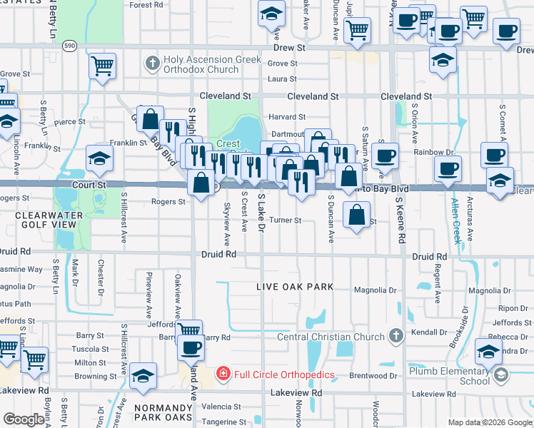 map of restaurants, bars, coffee shops, grocery stores, and more near 1567 Turner Street in Clearwater