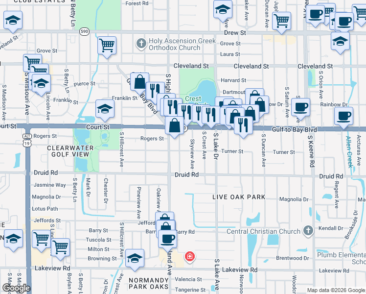 map of restaurants, bars, coffee shops, grocery stores, and more near 610 South Glenwood Avenue in Clearwater