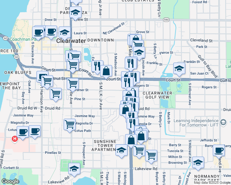map of restaurants, bars, coffee shops, grocery stores, and more near 1140 North Pine Street in Clearwater