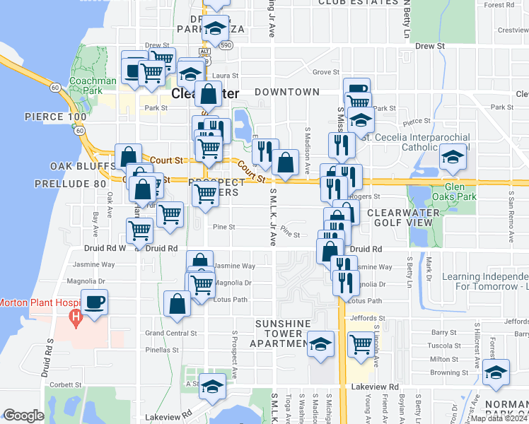 map of restaurants, bars, coffee shops, grocery stores, and more near 1006 Pine Street in Clearwater