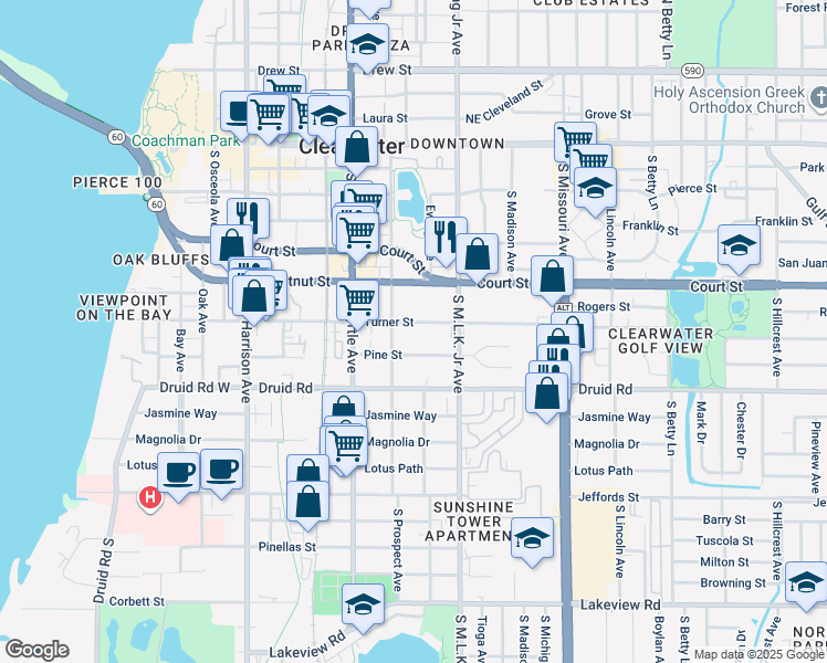 map of restaurants, bars, coffee shops, grocery stores, and more near 902 Pine Street in Clearwater